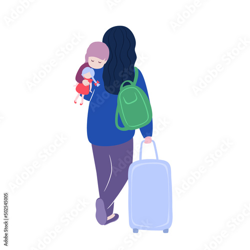 A woman or mother with a small child in her arms and a suitcase. Finding shelter. Displaced persons, immigrants or refugees. International and national refugees assistance.

