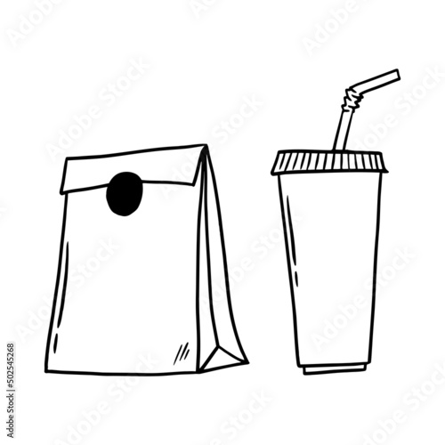 Doodle illustration take away bag. Vector sketch box with takeaway sticker.