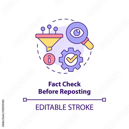 Fact check before reposting concept icon. Internet communication. Netiquette rule abstract idea thin line illustration. Isolated outline drawing. Editable stroke. Arial, Myriad Pro-Bold fonts used