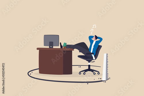 Toxic office, jealousy colleagues, office abuse or bullying, betrayal or threats, failure comfort zone or work problem concept, businessman getting chill on his desk being sawing floor broken down.