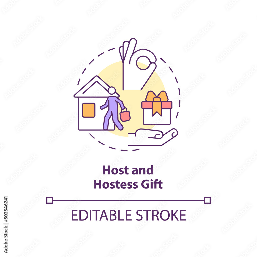 Host and hostess gift concept icon. Bring present to dinner party. Social etiquette abstract idea thin line illustration. Isolated outline drawing. Editable stroke. Arial, Myriad Pro-Bold fonts used Host and hostess gift concept icon. Bring present to dinner party. Social etiquette abstract idea thin line illustration. Isolated outline drawing. Editable stroke. Arial, Myriad Pro-Bold fonts used