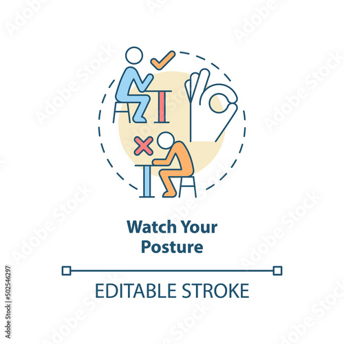 Watch your posture concept icon. Keep elbows off table. Restaurant etiquette abstract idea thin line illustration. Isolated outline drawing. Editable stroke. Arial, Myriad Pro-Bold fonts used