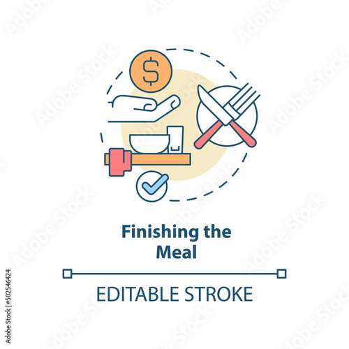 Finishing meal concept icon. Place knife and fork properly. Restaurant etiquette abstract idea thin line illustration. Isolated outline drawing. Editable stroke. Arial, Myriad Pro-Bold fonts used