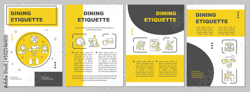 Dining etiquette yellow brochure template. Set of rules and norms. Leaflet design with linear icons. 4 vector layouts for presentation, annual reports. Arial-Black, Myriad Pro-Regular fonts used