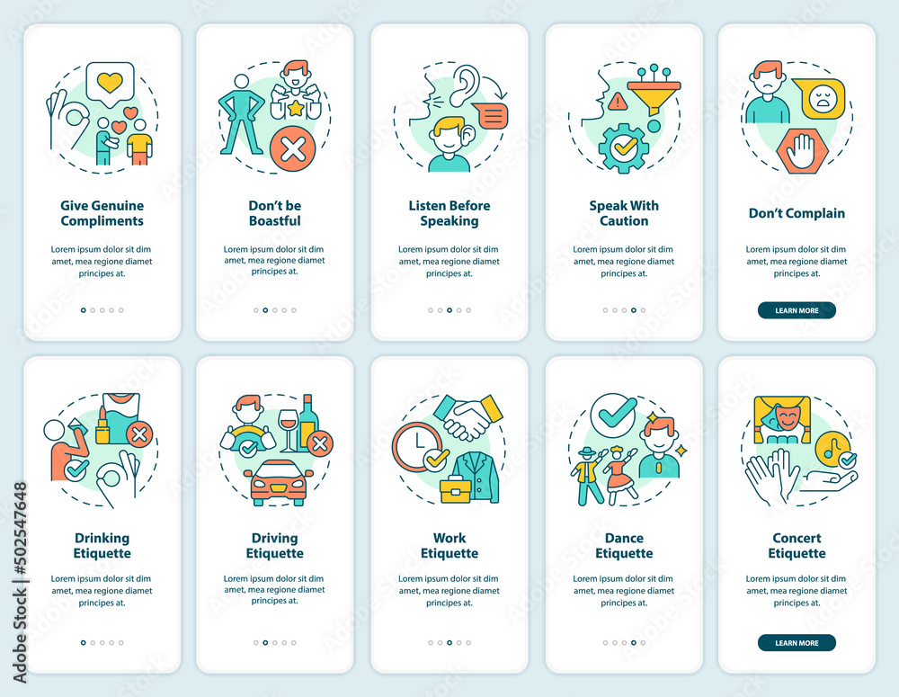 Etiquette onboarding mobile app screen set. Basic rules walkthrough 5 steps graphic instructions pages with linear concepts. UI, UX, GUI template. Myriad Pro-Bold, Regular fonts used