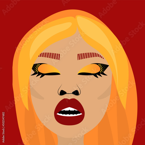 A beautiful Asian girl expressing the emotion of pleasure by closed eyes, with fashionable makeup on her face in bright colors (red yellow orange) illustrated in a pop art style