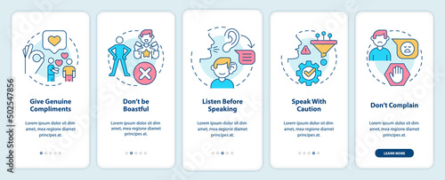 Basic etiquette rules onboarding mobile app screen. Set of norms walkthrough 5 steps graphic instructions pages with linear concepts. UI, UX, GUI template. Myriad Pro-Bold, Regular fonts used