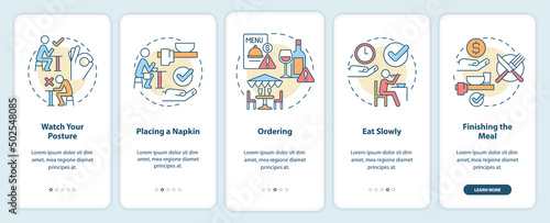 Restaurant etiquette onboarding mobile app screen. Table manners walkthrough 5 steps graphic instructions pages with linear concepts. UI, UX, GUI template. Myriad Pro-Bold, Regular fonts used