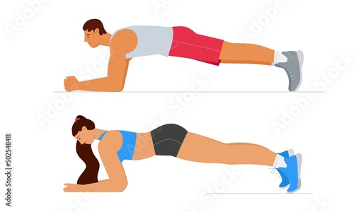 Young couple man and woman doing workout, exercising in plank. Flat vector illustration isolated on white background