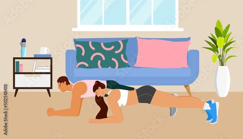 Young couple working out at home, doing plank exercise. Flat vector illustration, home gym, interior. Healthy lifestyle concept