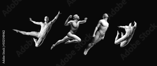 Models of polygonal people in different poses. Freedom, leadership or development concept. Men is dancing and jumping. Design for sport. 3D human body model. Vector for brochure, flyer or banner.