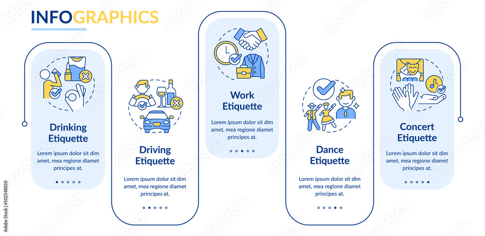 Types of etiquette rectangle infographic template. Set of rules. Data visualization with 5 steps. Process timeline info chart. Workflow layout with line icons. Lato-Bold, Regular fonts used