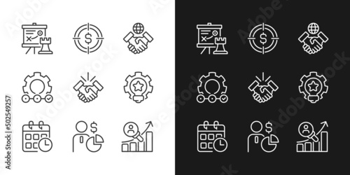 Business activities pixel perfect linear icons set for dark, light mode. Thin line symbols for night, day theme. Isolated illustrations. Editable stroke. Montserrat Bold, Light fonts used