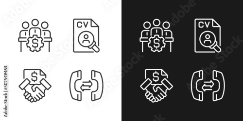 Business operations pixel perfect linear icons set for dark, light mode. Thin line symbols for night, day theme. Isolated illustrations. Editable stroke. Montserrat Bold, Light fonts used