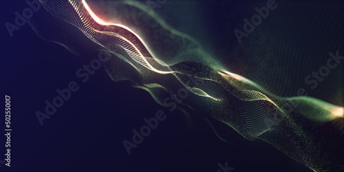 Abstract colorful digital particles wave with bokeh and light background, 3d render wave line dot background, line wave light glowing effect particular background