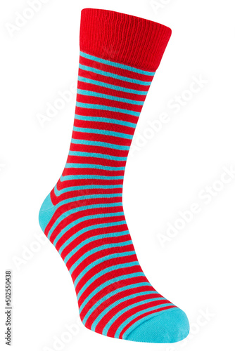 voluminous turquoise sock with red stripes, on a white background, view from the side of the fingers