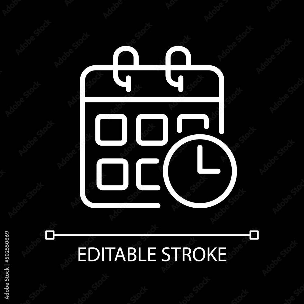 Schedule pixel perfect white linear icon for dark theme. Events calendar. Track impending deadlines. Thin line illustration. Isolated symbol for night mode. Editable stroke. Arial font used Schedule pixel perfect white linear icon for dark theme. Events calendar. Track impending deadlines. Thin line illustration. Isolated symbol for night mode. Editable stroke. Arial font used