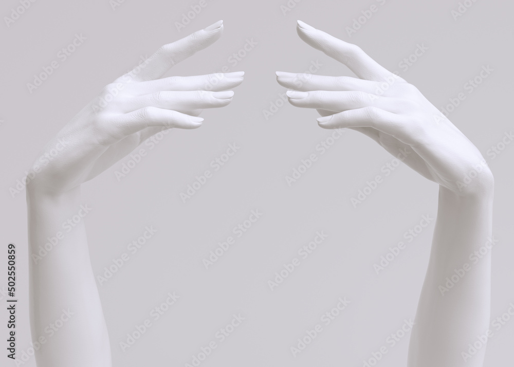 Reaching elegant woman hand, white female arm touch gesture, 3d rendering creative idea for beauty product presentation Reaching elegant woman hand, white female arm touch gesture, 3d rendering creative idea for beauty product presentation