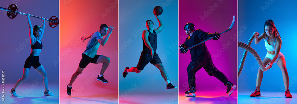 Set of portraits of professional sportsmen in sports uniform isolated on multicolored background in neon light. Flyer. Advertising, sport life concept - obrazy, fototapety, plakaty 