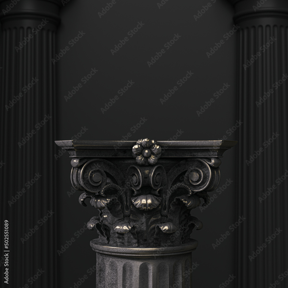 Black and gold column pedestal isolated museum piece background, Classical corinthian pillar platform, 3d rendering Black and gold column pedestal isolated museum piece background, Classical corinthian pillar platform, 3d rendering