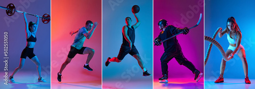 Fotografiet Set of portraits of professional sportsmen in sports uniform isolated on multicolored background in neon light