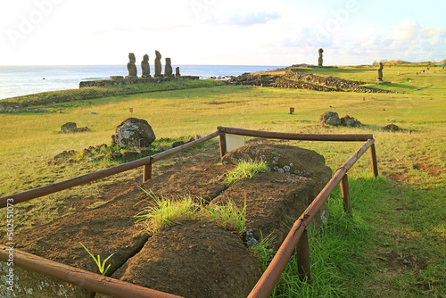 Archaeology Site with Ahu Tahai and Ahu Ko Te Riku Ceremonial Platform at the Pacific West Coast of Easter Island, Chile photo