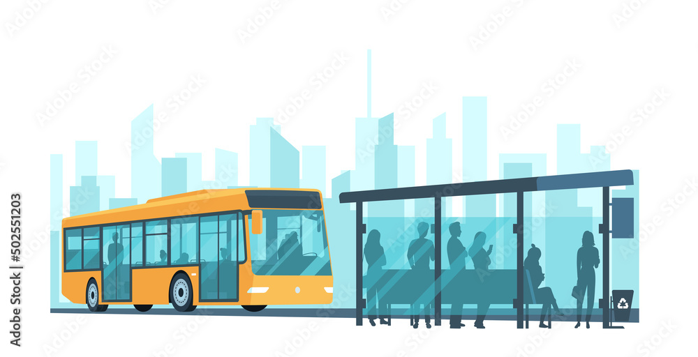 City passenger bus and stop with passengers on the background of an abstract cityscape. Vector illustration. - obrazy, fototapety, plakaty 