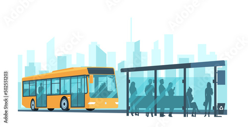 Canvas Print City passenger bus and stop with passengers on the background of an abstract cityscape