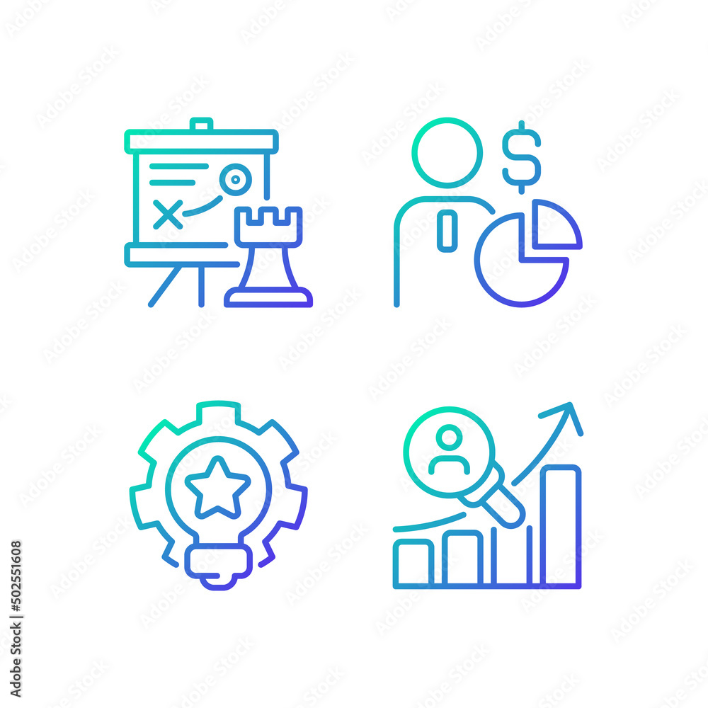 Obraz premium Successful business formula gradient linear vector icons set. Marketing tactics. Money-making strategy. Thin line contour symbol designs bundle. Isolated outline illustrations collection