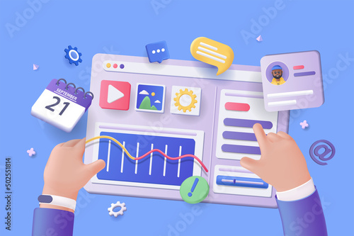 Digital business concept 3D illustration. Icon composition with businessman interact with dashboard with graphs, advertising campaign indicators, clients. Vector illustration for modern web design