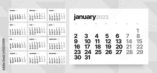Monthly calendar template for 2023 year. Week Starts on Monday. Desk calendar in a minimalist style. 