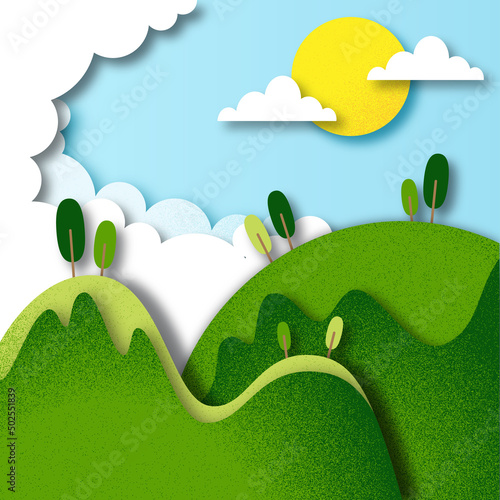Summer landscape with green hills in cutout style