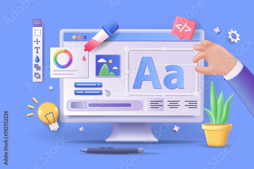 Ui UX design concept 3D illustration. Icon composition with computer display with drawing graphic elements, generate ideas, creating usability interface. Vector illustration for modern web design