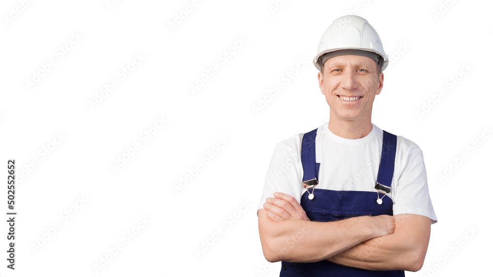 Concept of construction or home improvement. Construction worker stands on an isolated white background with copy space. Concept of construction or home improvement. Construction worker stands on an isolated white background with copy space.
