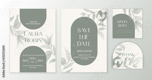 Luxury arch wedding invitation card background with green watercolor botanical leaves. Double arch elegant shape.