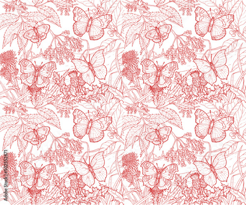 Butterfly Pattern (red on white). Red Admiral, Peacock, Brimstone, Gatekeeper.