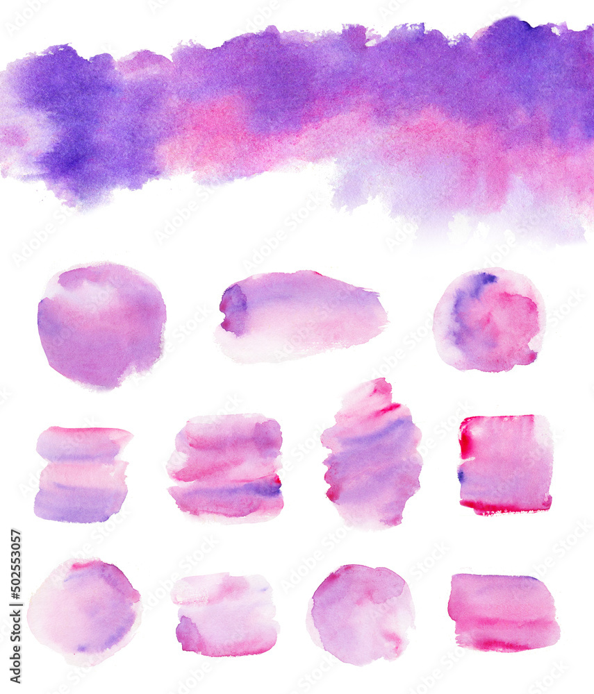 Abstract watercolor set of brushes made of purple, violet and pink color stains isolated on white