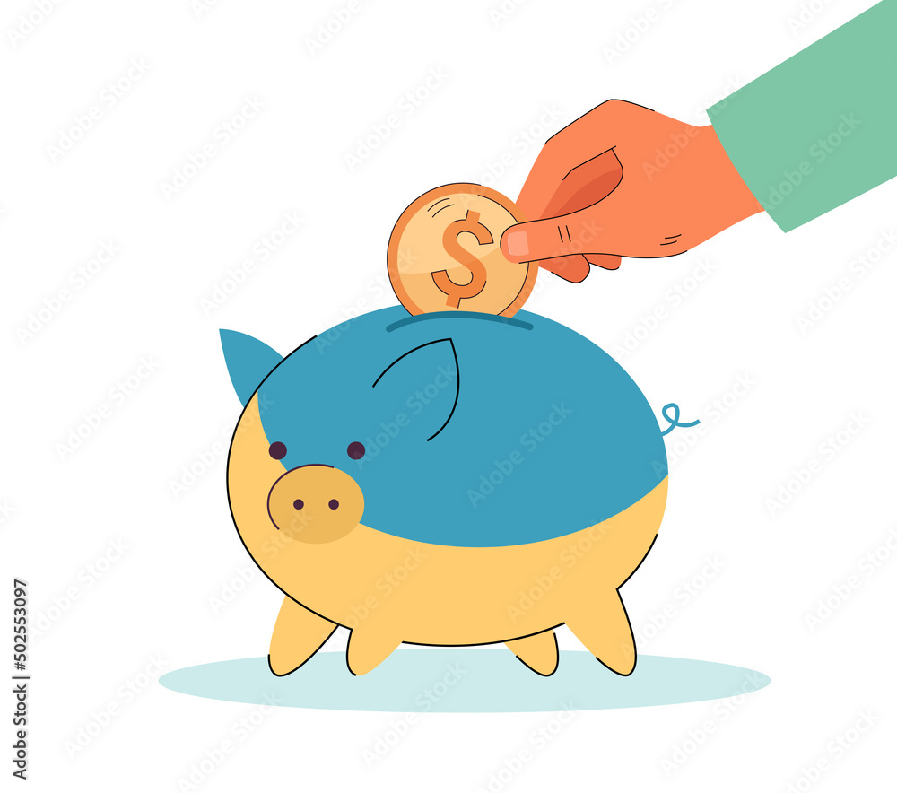 Fototapeta premium Hand putting coin in blue and yellow piggy bank. People donating money to Ukrainian refugees flat vector illustration. Charity, help, aid concept for banner, website design or landing web page