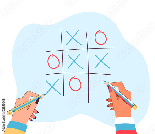 Hands holding pencils in colors of Russian and Ukrainian flags. People playing oughts and crosses flat vector illustration. Victory, defeat concept for banner, website design or landing web page