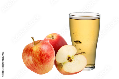 Fresh harvesting red apples and glass of cider or refreshing sparkling juice isolated on white background.