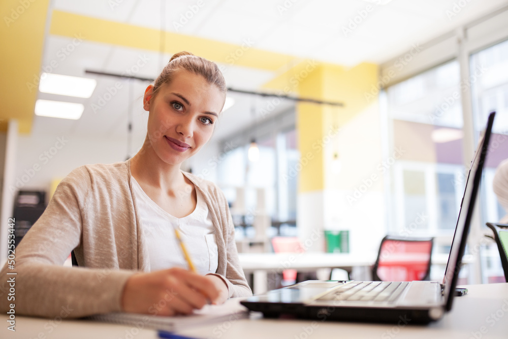 Beautiful girl working on a laptop in a modern coworking space. Successful businesswoman in an office.. Beautiful girl working on a laptop in a modern coworking space. Successful businesswoman in an office..