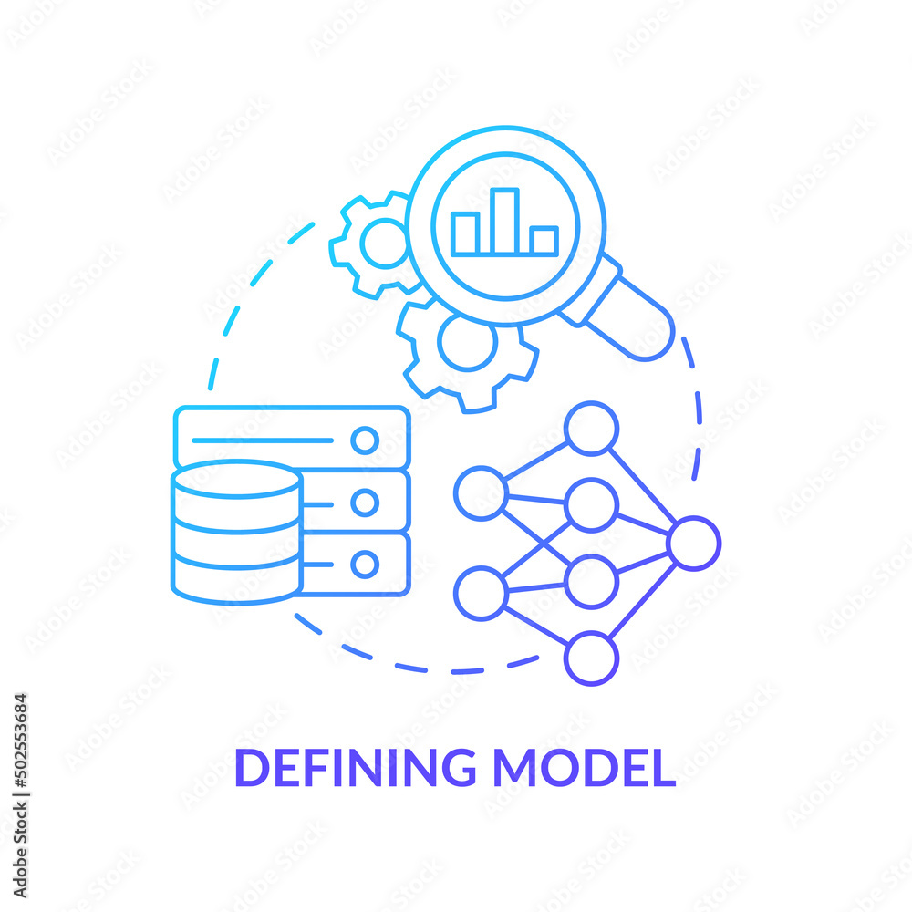 Defining model blue gradient concept icon. Artificial intelligence. Problem solving step in machine learning abstract idea thin line illustration. Isolated outline drawing. Myriad Pro-Bold font used Defining model blue gradient concept icon. Artificial intelligence. Problem solving step in machine learning abstract idea thin line illustration. Isolated outline drawing. Myriad Pro-Bold font used