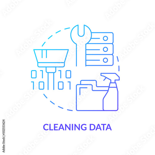 Cleaning data blue gradient concept icon. Artificial intelligence. Problem solving step in machine learning abstract idea thin line illustration. Isolated outline drawing. Myriad Pro-Bold font used