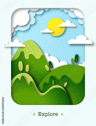 Explore card with green mountains in cutout style