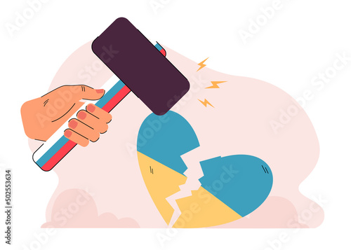 Hammer with handle of Russian flag breaking Ukrainian heart. Broken heart in blue and yellow colors flat vector illustration. Damage, fight concept for banner, website design or landing web page