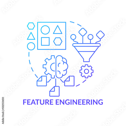 Feature engineering blue gradient concept icon. Artificial intelligence. Problem solving in machine learning abstract idea thin line illustration. Isolated outline drawing. Myriad Pro-Bold font used