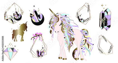 Vector cartoon clipart unicorn, stars, crystals and frames. Creative design for cards, invitations, announcements, children's blog