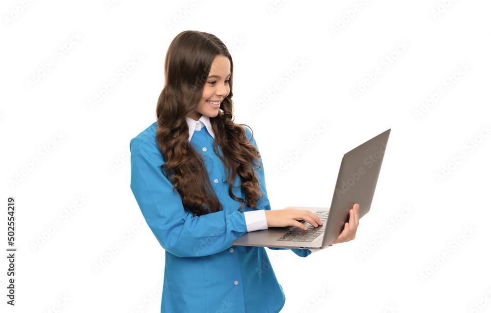 kid on video lesson. teen girl use laptop for blogging. webinar at online education. kid on video lesson. teen girl use laptop for blogging. webinar at online education.