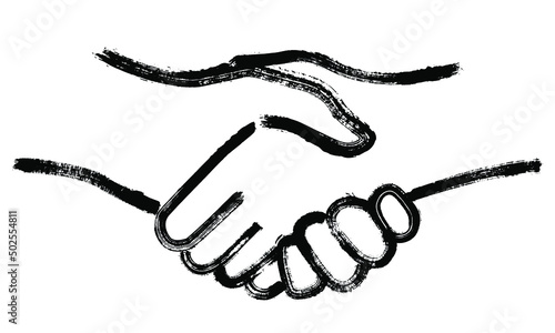 Handshake vector web icon, deal agreement business symbol in brush stroke ink drawing style. Greeting hand shakem, cooperation sign. Meeting hello handshake outline icon. Business deal logo clipart.