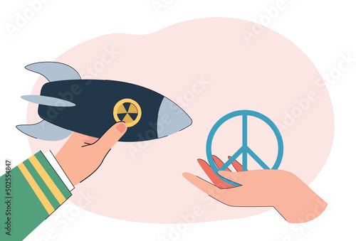 Missile and peace symbol in human hands flat vector illustration. People striving for peace, protesting against war and violence. Freedom, weapon concept for banner, website design or landing web page